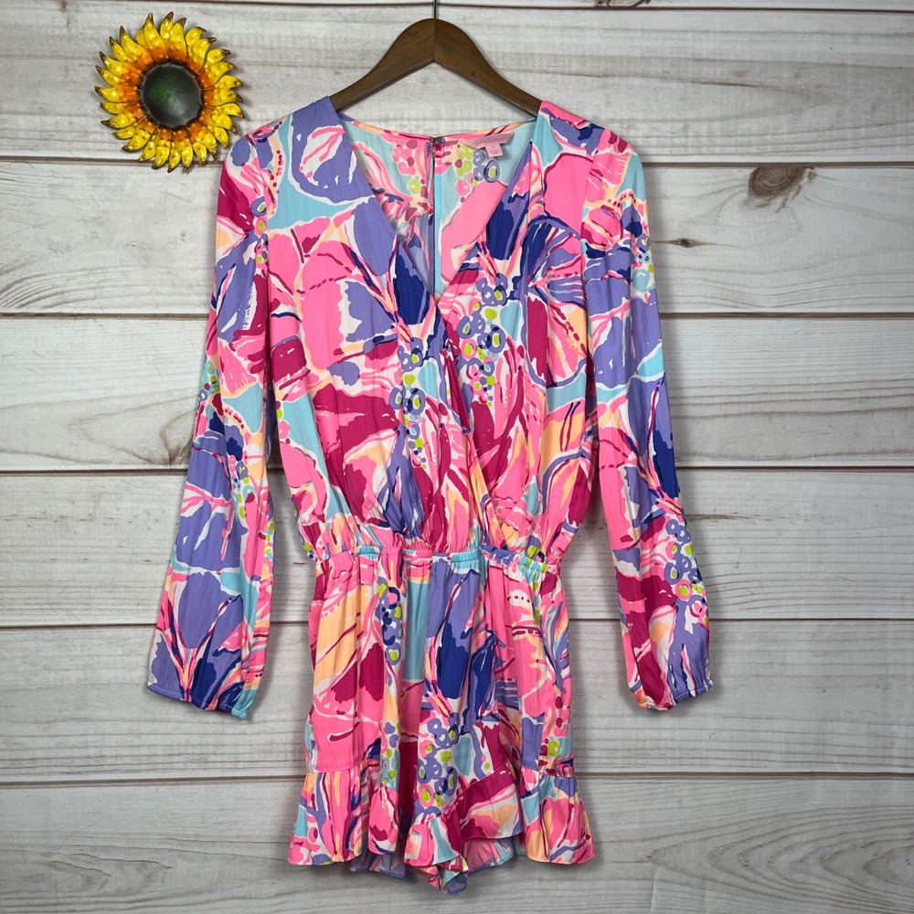 Lilly Pulitzer Pink Purple Floral Long Sleeve Ruffle Romper Swim Cover Up XS